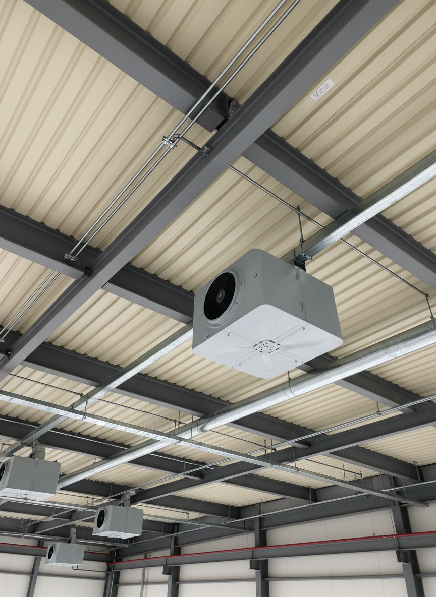 A precise, technical corner of an industrial facility’s roof interior, photographed from a slightly upward angle, highlighting a network of destratification fans integrated neatly among beams, ducts, and insulated roofing panels. The metal surfaces show realistic textures—powder-coated housings in light grey, matte steel trusses, and tidy cable runs—conveying quality installation with no visible clutter. Cool white LED light washes evenly across surfaces, creating subtle specular highlights on fan casings and soft shadows in recesses. The composition follows the rule of thirds, with the main fan slightly off-center and supporting elements receding into the background. The mood is trustworthy, engineered, and investment-grade, hinting at zero upfront cost financed by energy savings, in a clean, modern, photographic realism style.