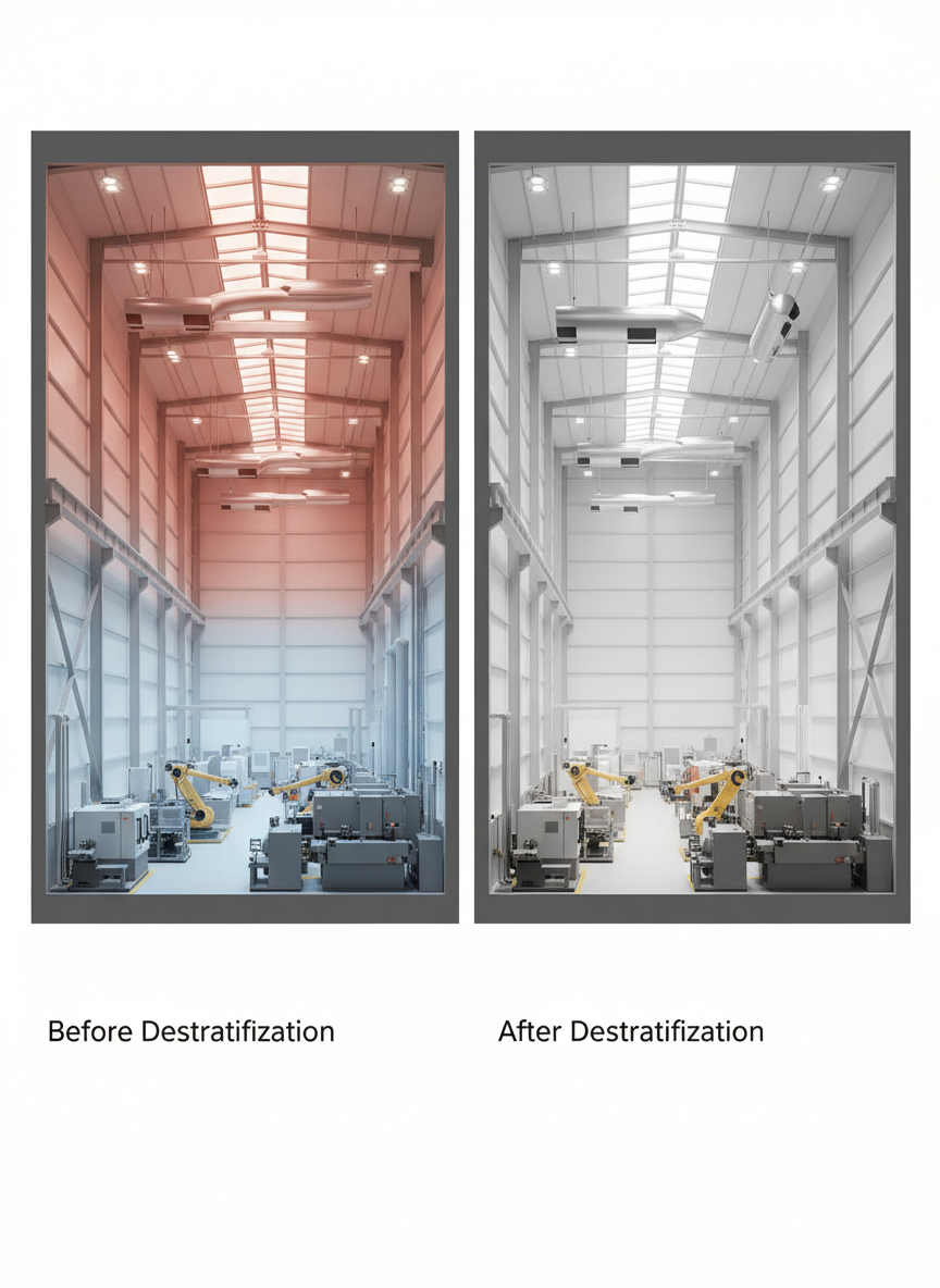 A cross-section style photographic composition inside a high-bay manufacturing hall, captured from a side, slightly elevated angle, where one half of the frame shows stratified warm air layering near the ceiling and cooler air at floor level, and the other half shows the same hall after installation of sleek destratification units, with evenly mixed air visually implied. Subtle color tints in the air volume differentiate before and after, without any charts or text. Overhead skylights and industrial LED fixtures produce balanced, neutral lighting with soft shadows beneath machinery. The atmosphere is demonstrative and educational yet visually realistic, emphasizing the practical impact of destratification on heating efficiency and thermal homogeneity in industrial environments.