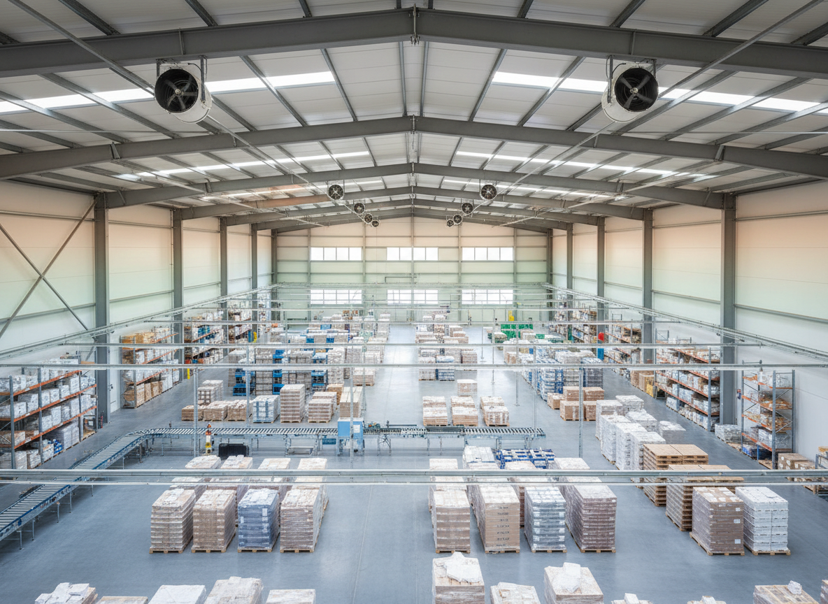 Panoramic, bird’s-eye photographic view inside a modern logistics center, showing zones of differing temperature represented as subtle color gradations in the air layer from floor to ceiling, unified by multiple discrete destratification units mounted along the roof trusses. Stacks of pallets, conveyor lines, and industrial shelving create geometric patterns on the polished concrete floor. Bright, evenly distributed LED lighting illuminates the space, eliminating harsh shadows and underscoring operational clarity. The composition uses leading lines of racks toward the far wall, suggesting depth and scale. The mood is controlled and analytical, visually conveying how destratification equalizes temperatures across height, supporting energy savings and improved worker comfort, in a clean, professional, business-oriented style without any human figures.