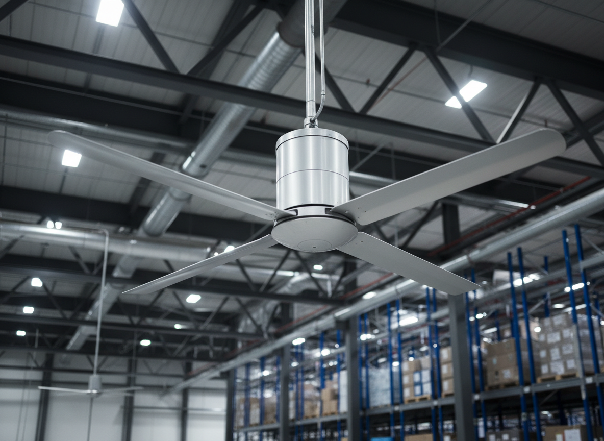 Close-up, low-angle photographic view of a single high-performance air destratification unit in an industrial plant, its aerodynamic blades in brushed aluminum finish, suspended from a dark steel truss. The background shows blurred hints of pipes, ducts, and tall shelving, suggesting a large volume of air to be mixed. Cool, neutral artificial lighting from overhead LEDs creates precise highlights on the fan’s housing and subtle reflections on nearby metal structures. The atmosphere feels technical and reliable, with a minimalist, engineering-focused aesthetic. Sharp focus on the unit, shallow depth of field behind, conveying advanced, CEE-funded technology designed to improve thermal comfort and reduce heating costs with zero upfront investment, without using any text or logos in the image.