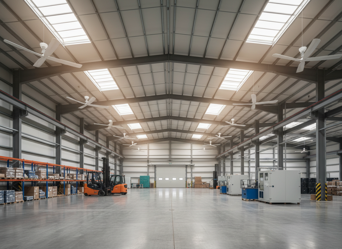 A high-ceiling industrial warehouse interior with a row of sleek, modern air destratification ceiling fans in matte white metal, evenly spaced along steel beams. The camera captures a wide, eye-level view of the full space, showing warm air subtly indicated as a soft haze near the ceiling and cooler, clearer air at floor level, visually blending to suggest uniform temperature. Large skylights let in diffused daylight, creating soft reflections on polished concrete floors and casting gentle shadows from racks and machinery. The mood is professional and efficient, with photographic realism and crisp sharpness throughout, emphasizing energy optimization and up to 30% heating cost reduction without any visible branding or text, in a clean, modern industrial setting.