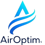Remove the white background from this logo, keeping the blue gradient icon and the dark blue "AirOptima" text. Make the background fully transparent. Keep all other elements exactly as they are.